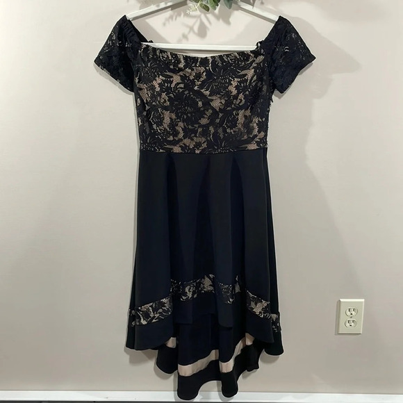 City Studio Off The Shoulder Black Lace Top High Low Fit and Flare Dress 7 - Picture 1 of 16